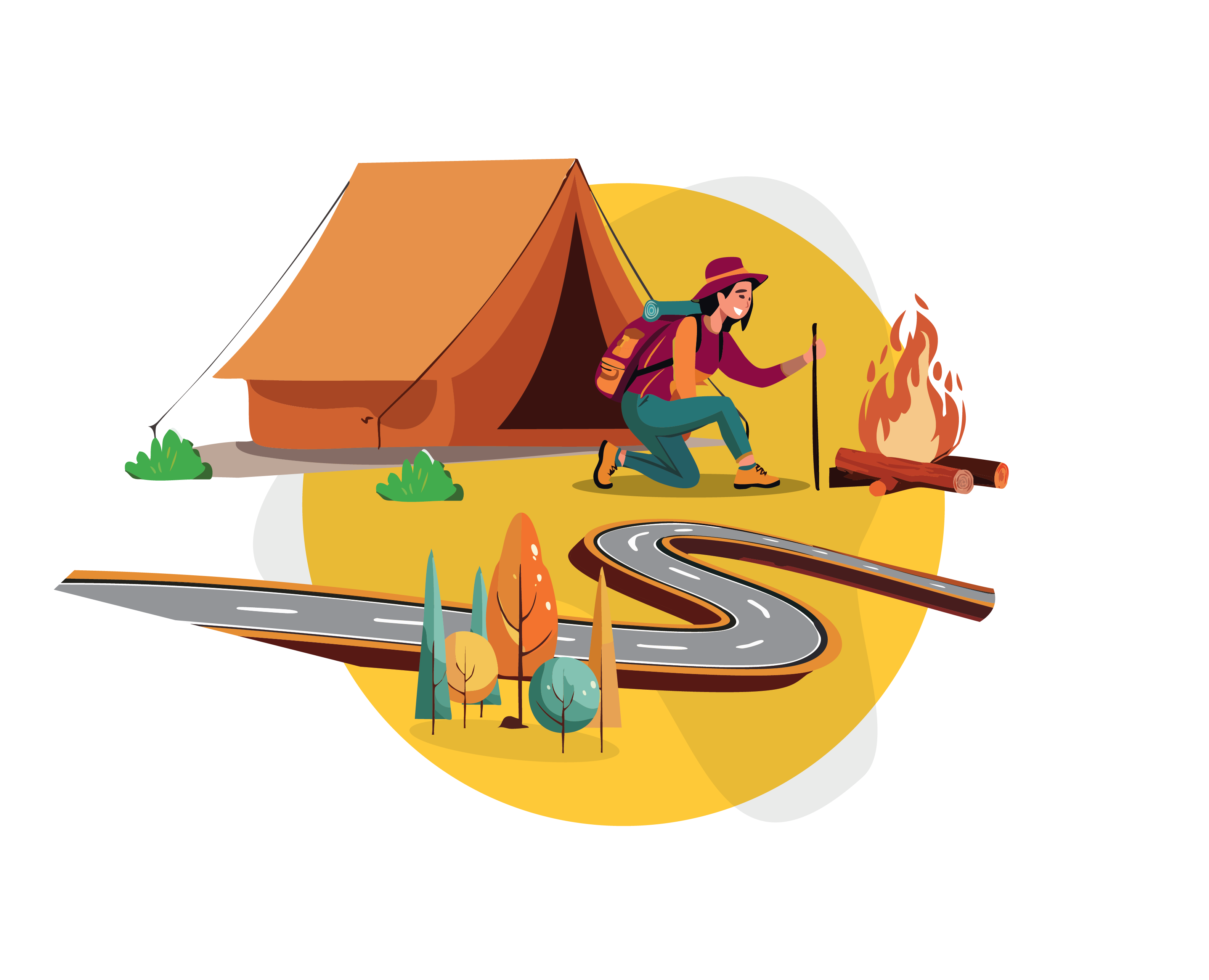 An illustration of a backpacker tending to a fire at a campsite.