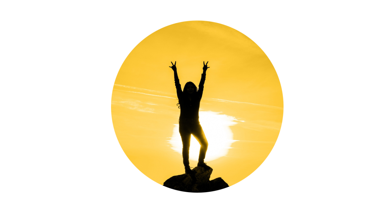 Silhouette of a student with forks up at the top of a mountain.