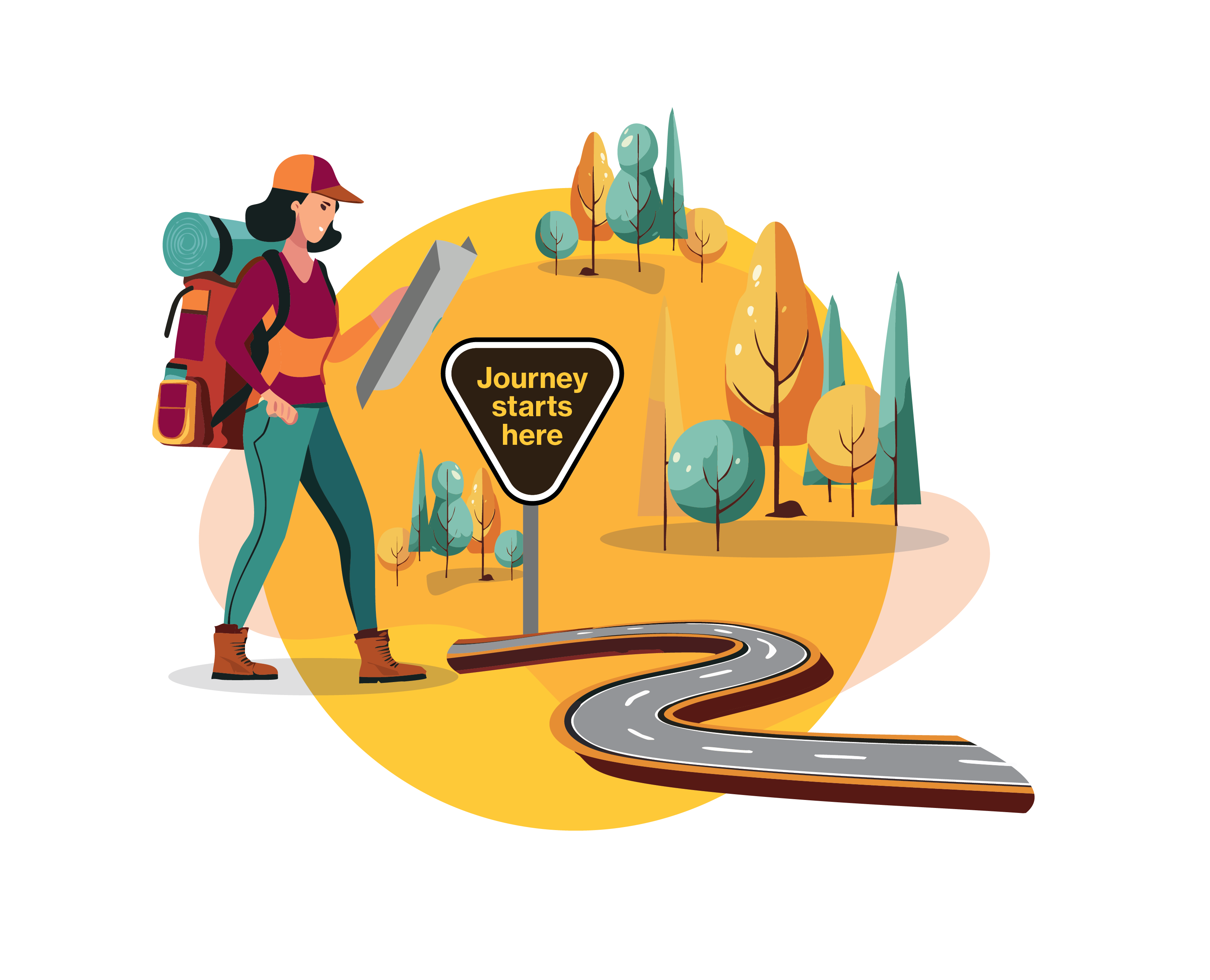 An illustration of a backpacker starting at the beginning of a trailhead and looking at a map.