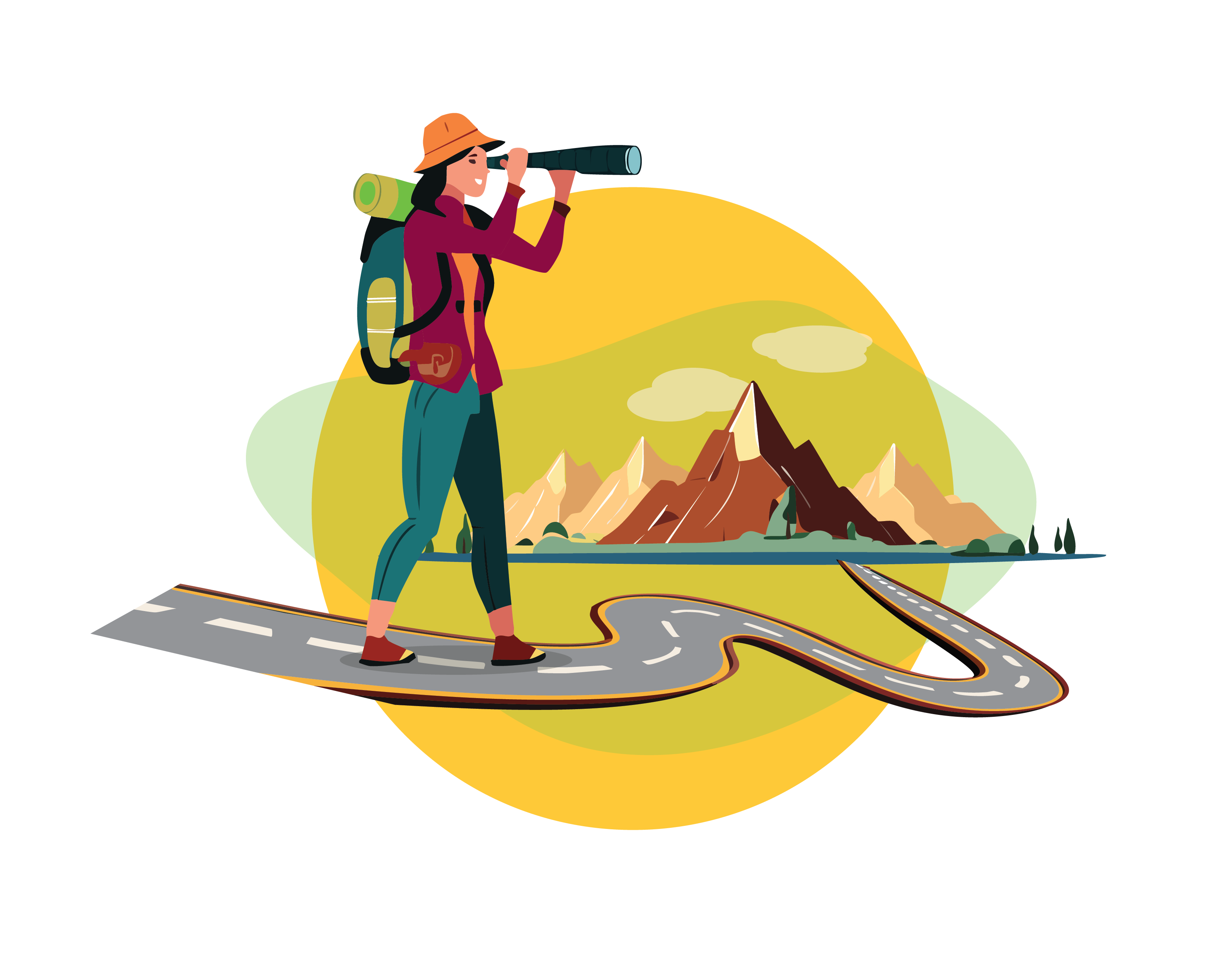 An illustrations of a backpacker walking down a trial and holding up a telescope.