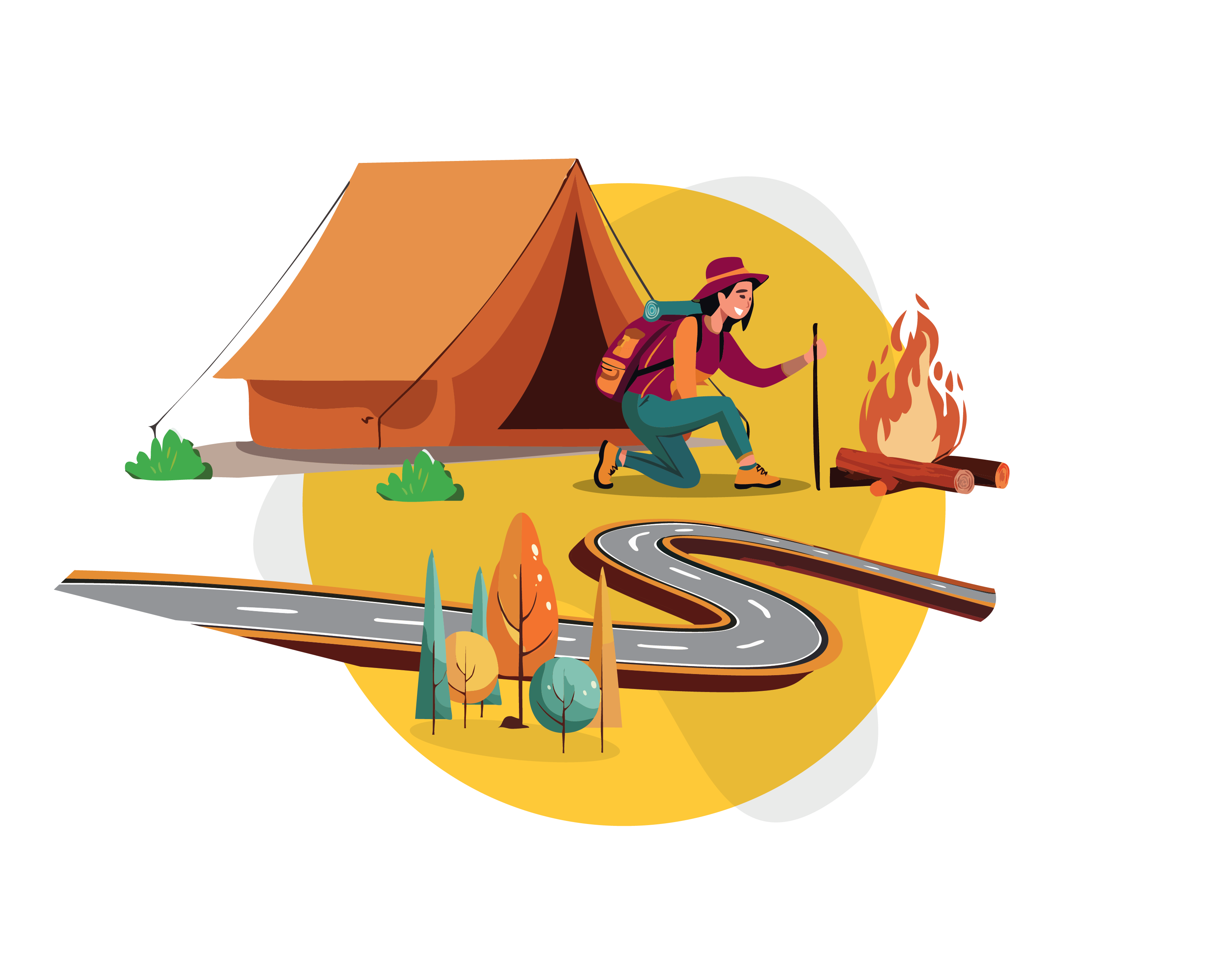An illustration of a backpacker tending to a fire at a campsite.