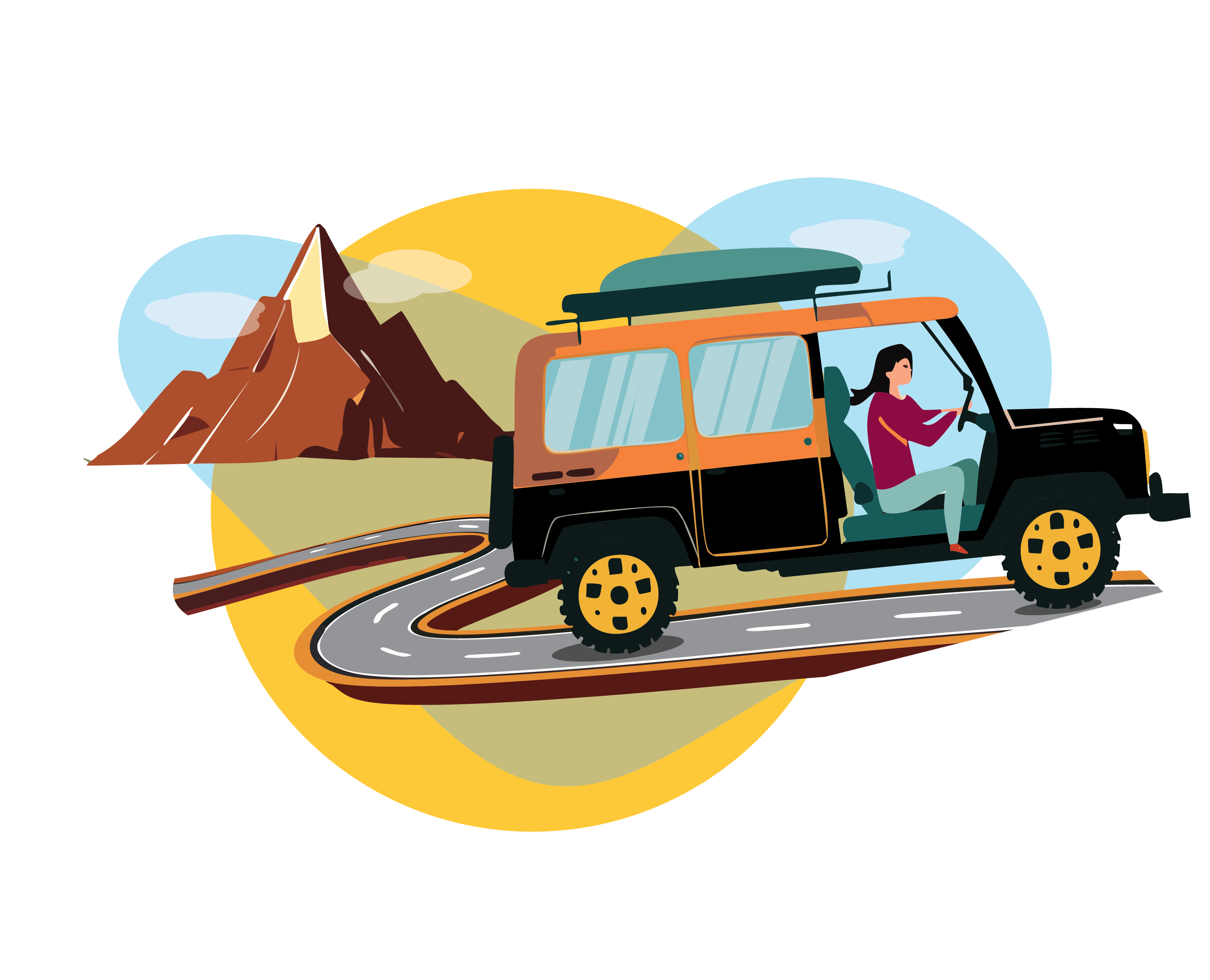 A hiker in a jeep drives away from a mountain range.
