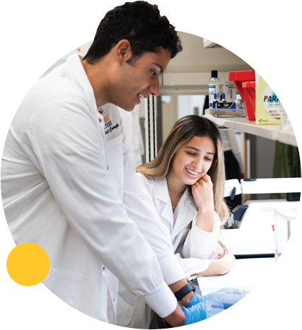 Two ASU students wear lab coats and examine their research in a lab.